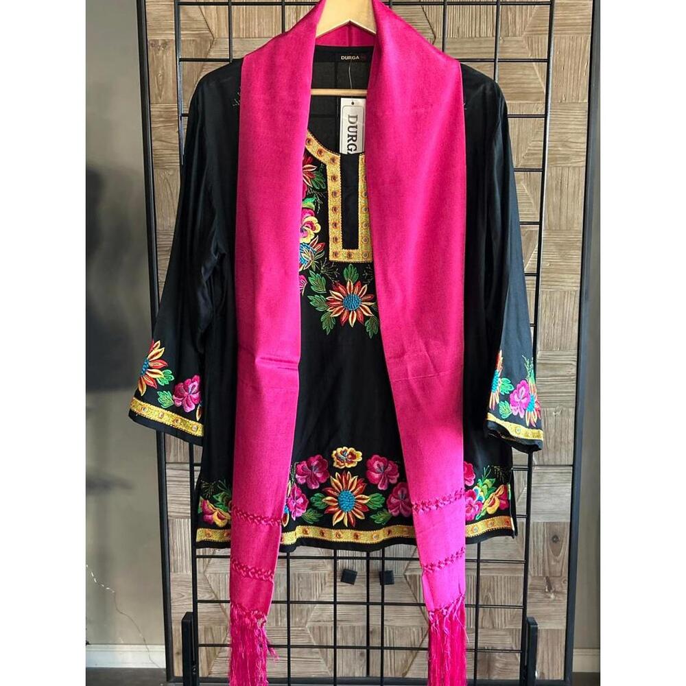 NWT Durga Tunic XL Black Pink Floral Embroidered 3/4 Sleeve - Picture 6 of 7
